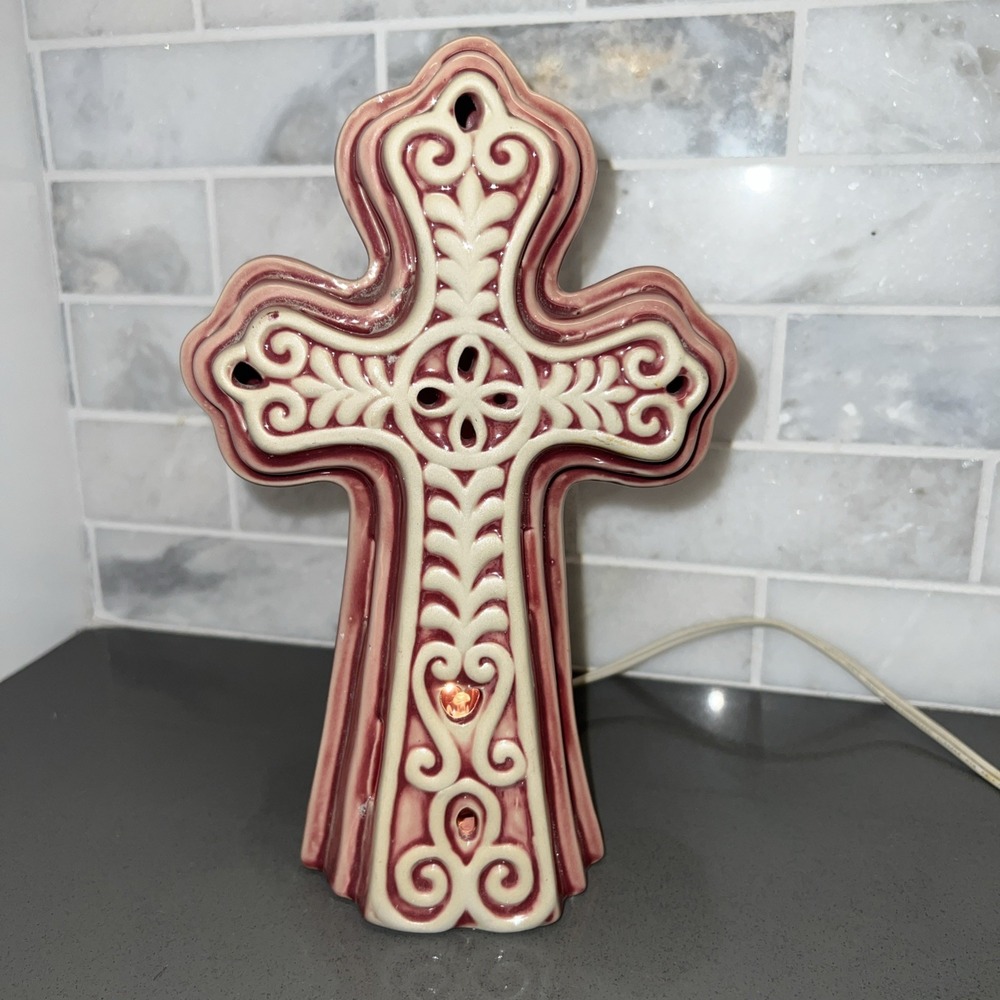 Latin Trinity Lamp, Nighlight. Burgandy & Beige 9x6x3 Inches.  Religious